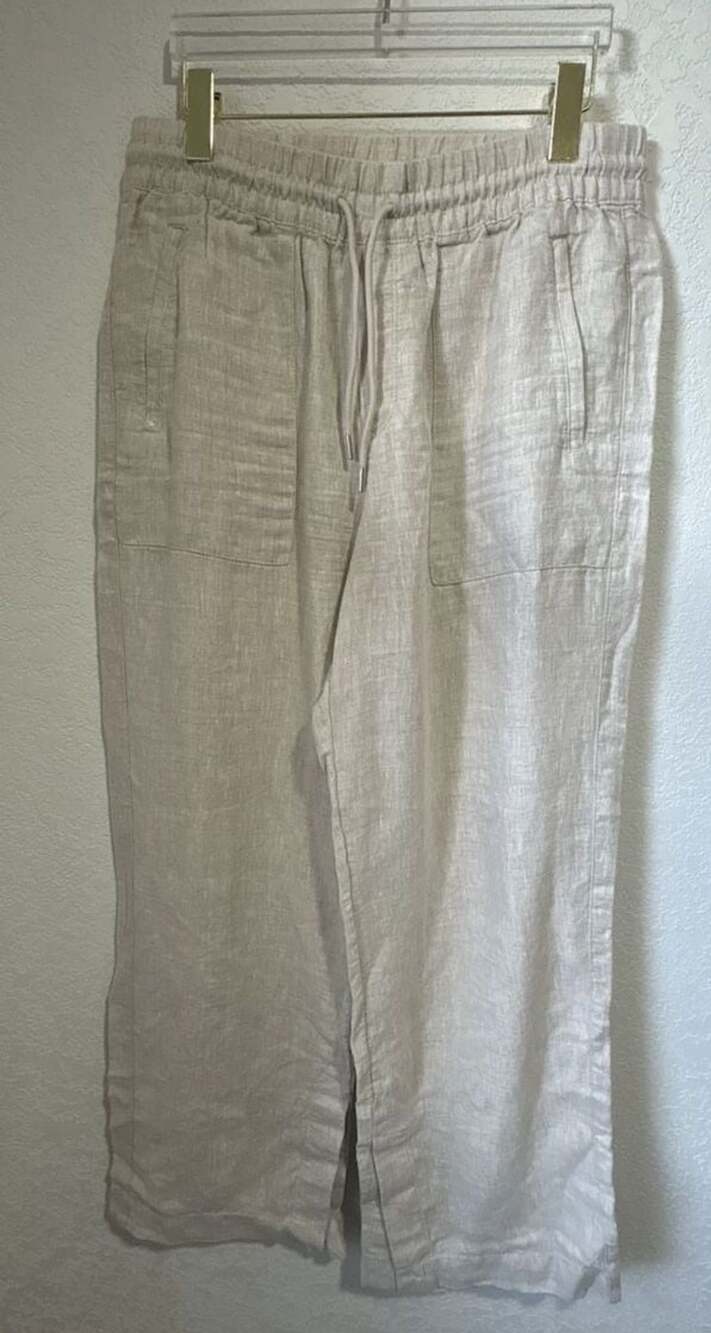 Athleta Linen Wide Leg Pants Size M Beige Drawstring
